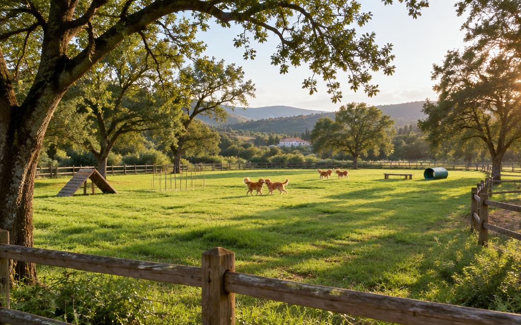 Socialisation grounds with wooden fencing and oak trees