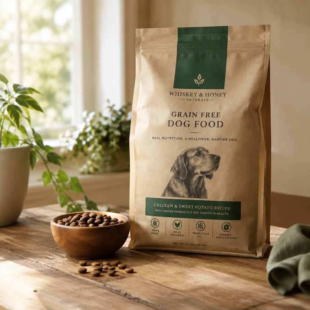 Bag of grain-free dry dog food with a bowl of kibble