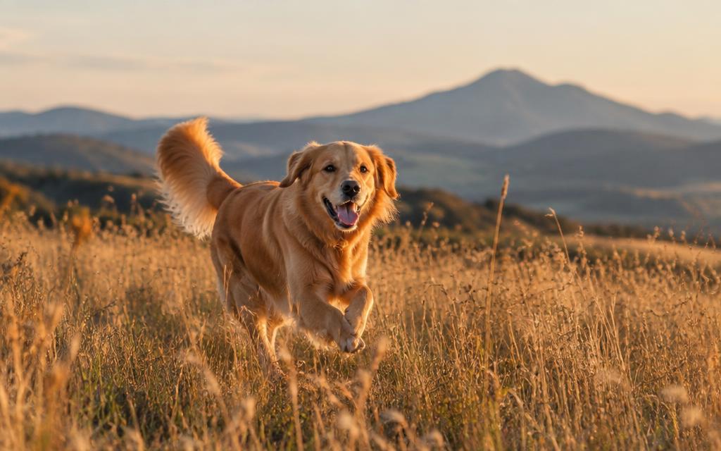 Golden retriever running through a Portuguese meadow