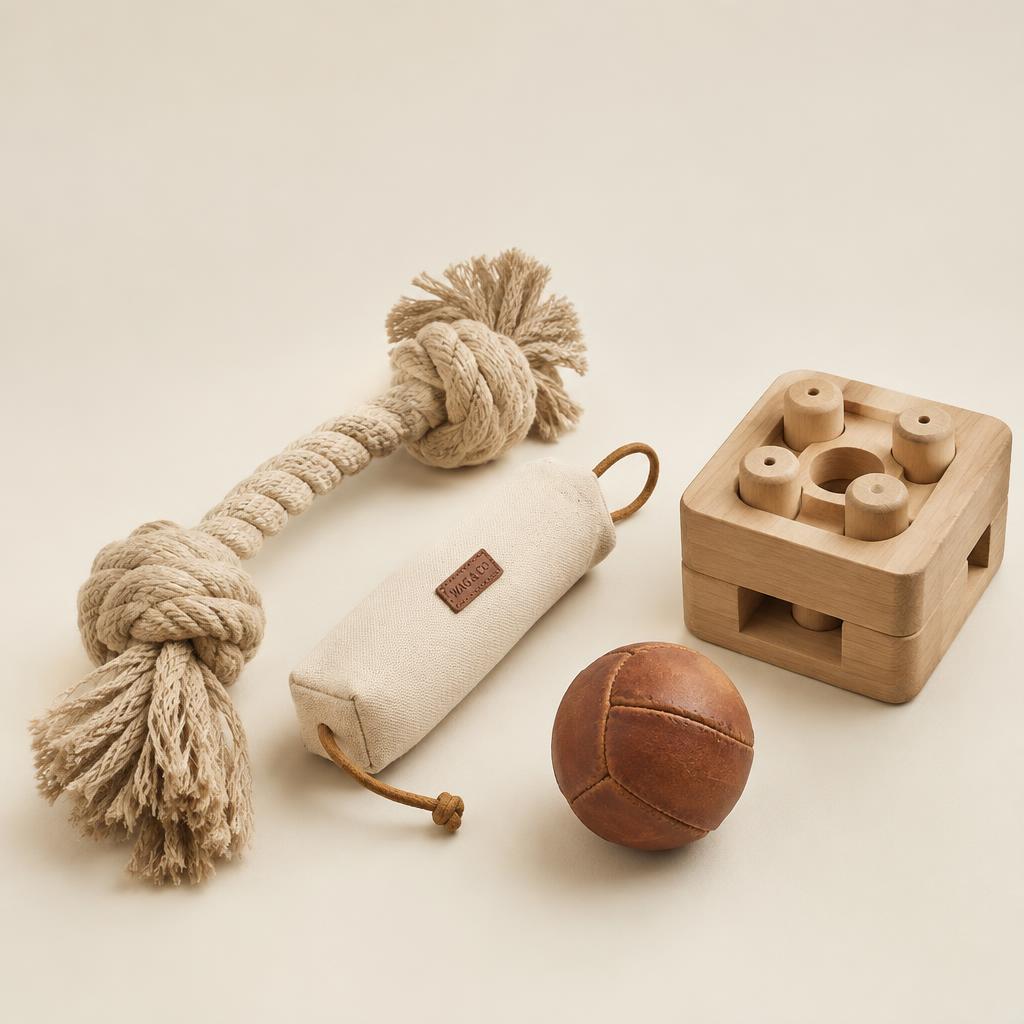 Natural rope, canvas and wooden dog toys
